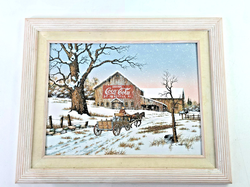 Coca Cola C. Carlson Art Canvas Print Winter Theme Barn Horse & Carriage